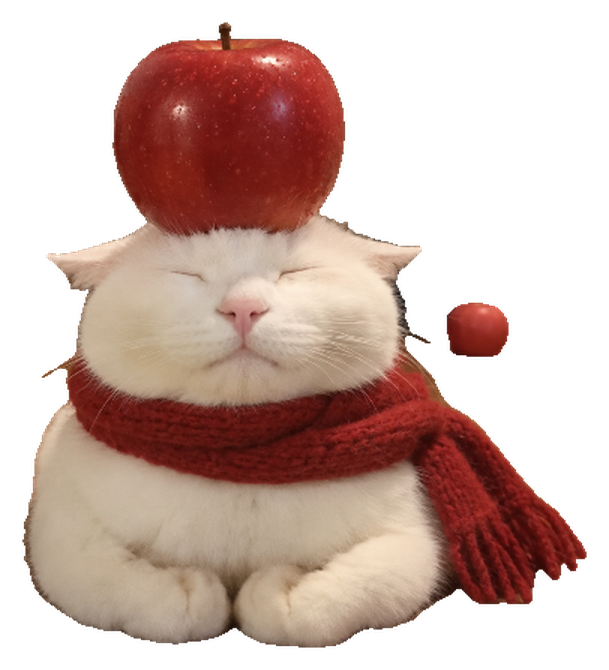 Appurr, a white cat with closed eyes, a red apple balanced on his head and a red knit scarf